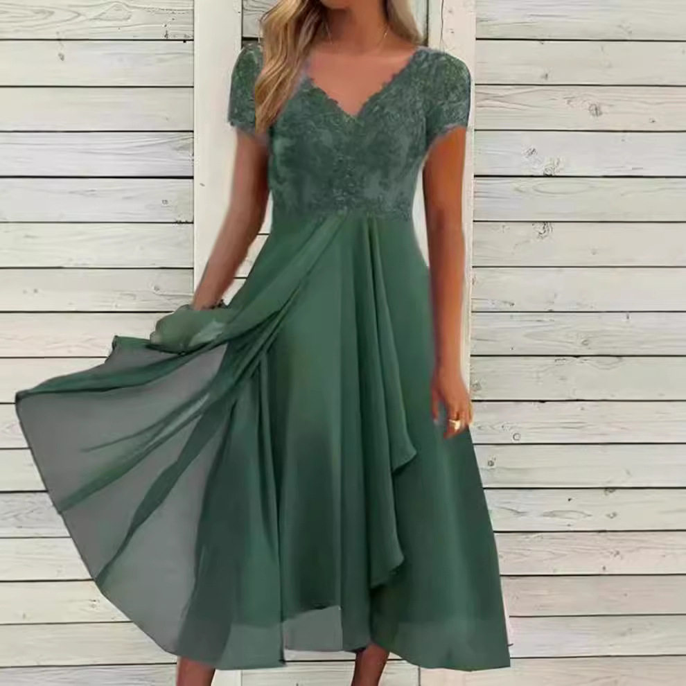 Chiffon Lace Long Dress for Women V Neck Elegant Evening Gown Available in Blue and Green Wholesale with Low MOQ