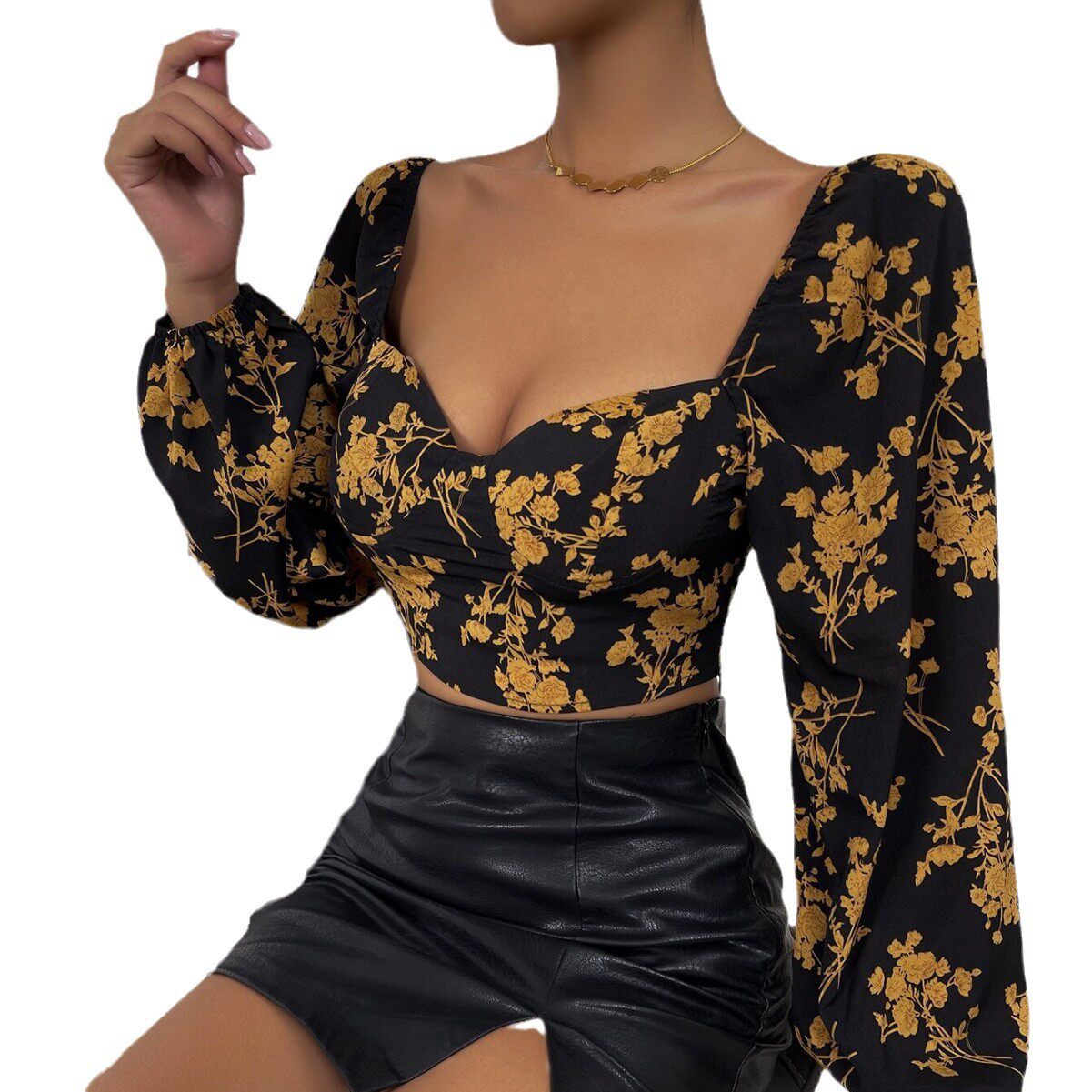 Vintage Floral Print T Shirt Short Puff Sleeves Square Neckline Lightweight Fabric Spring Summer Casual Wear