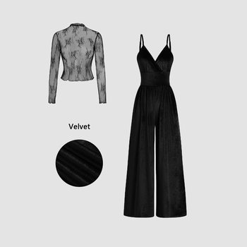 European and American Cross-Border Export Autumn and Winter Lace Long-Sleeved Suspender Slim Velvet Jumpsuit V Neck Wide-Leg Suit Ready Stock