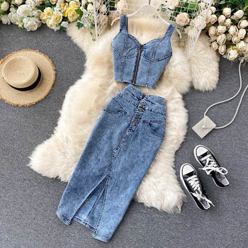 Hong Kong style ins women's clothing suit 2020 new women's sexy short camisole high waist Denim skirt fashion