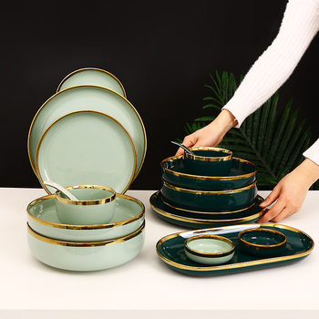 Light Luxury Gold-Rimmed Jingdezhen Ceramic Tableware Set Nordic Style Hotel Home Use Bowl and Plate Combination