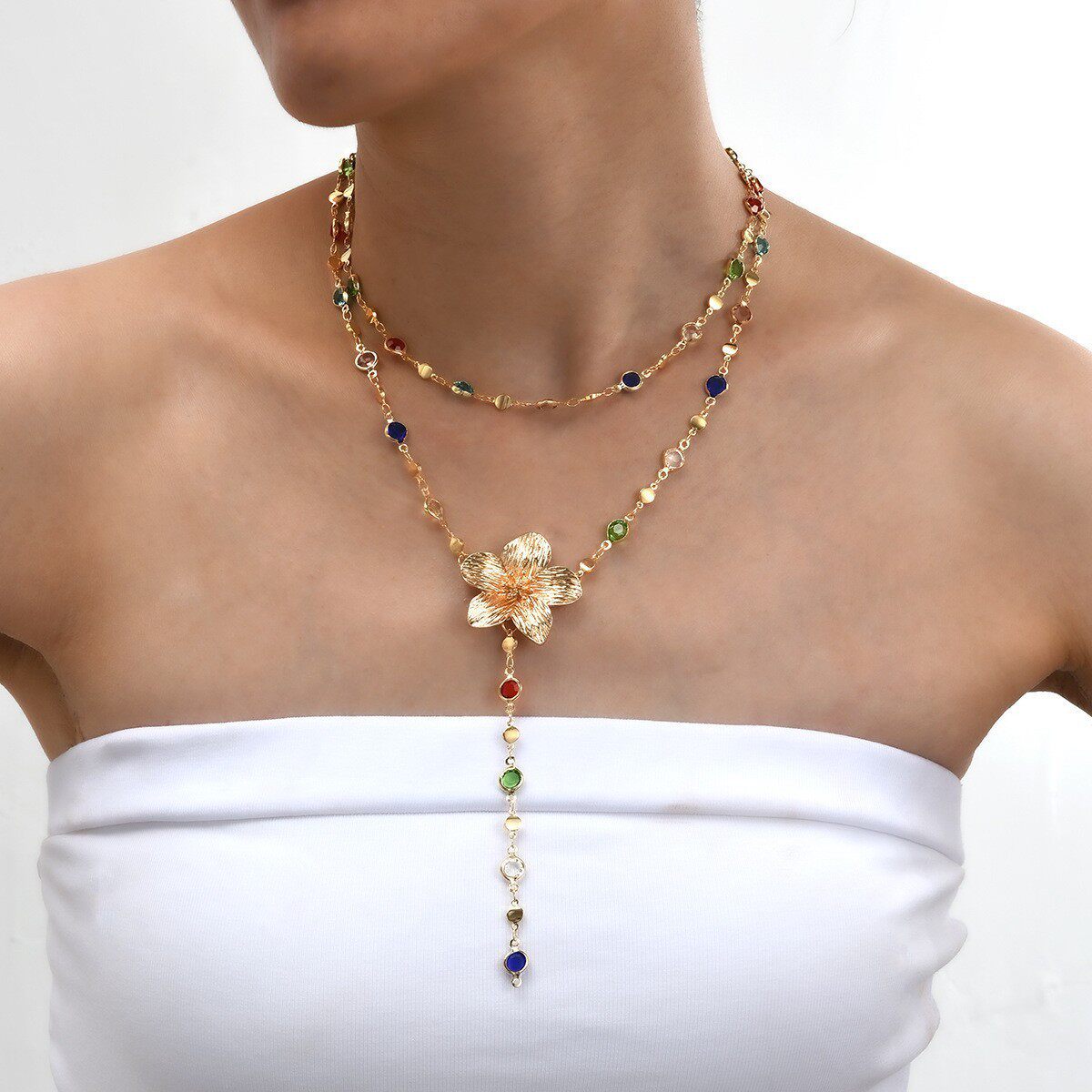 镶嵌彩钻爱心吊坠流苏项链四件套装百搭小众轻奢气质项饰叠戴锁骨