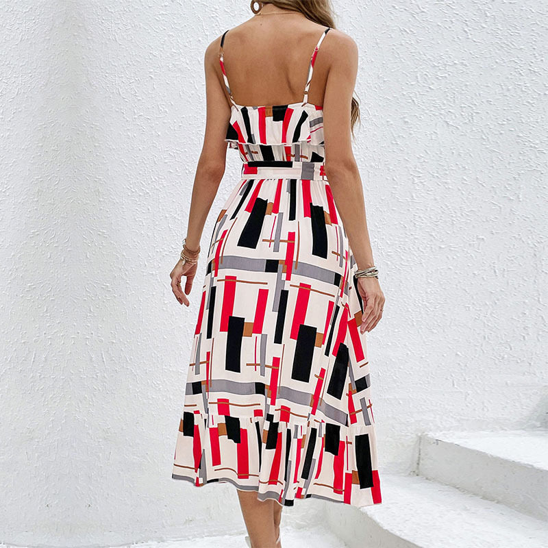Elegant Ruffled Hem Geometric Print Maxi Dress Colorful Trendy Sleeveless Perfect for Summer Events Wholesale