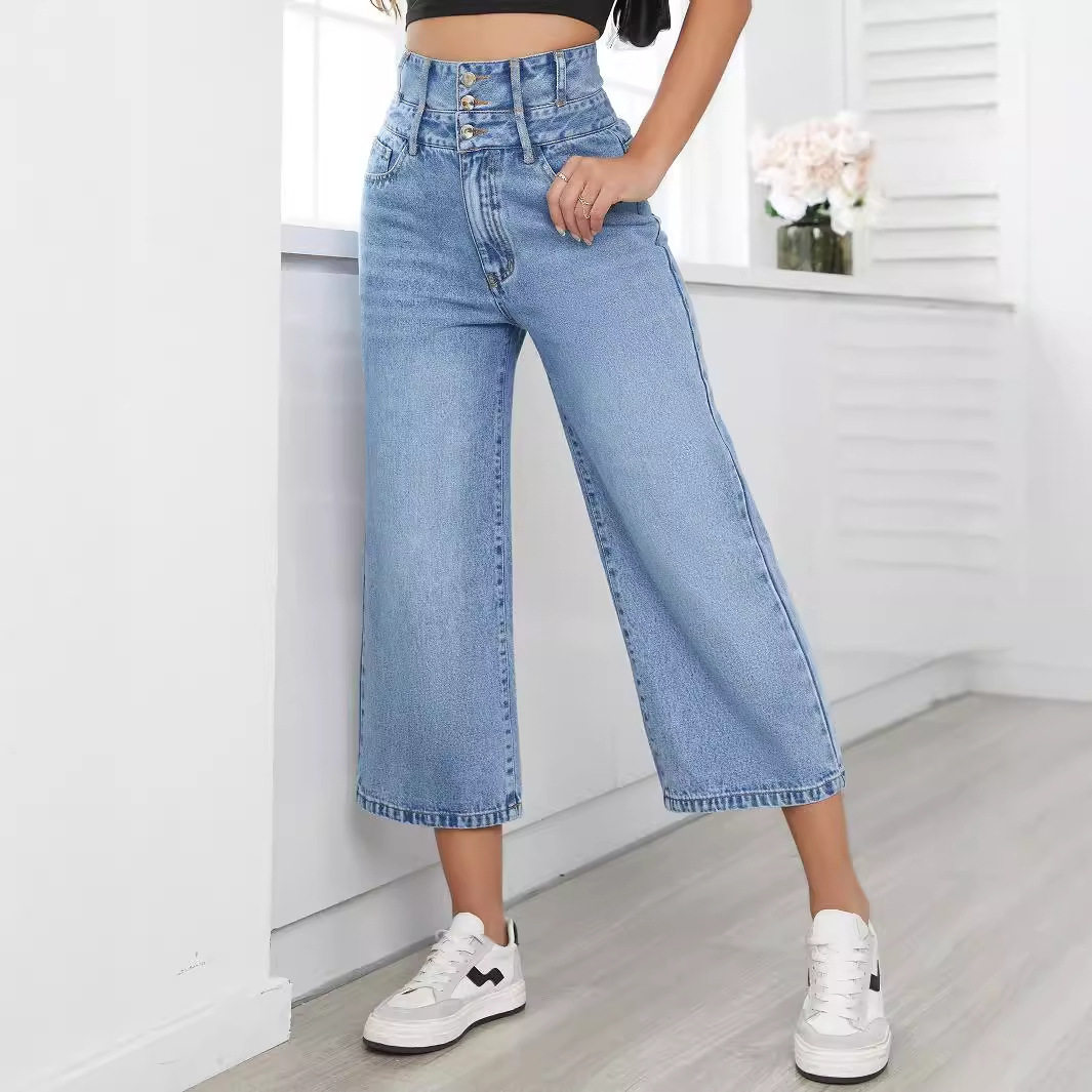 High Waisted Wide Leg Jeans Straight Cut Cropped Length Denim Fabric Casual Wear for Women Wholesale Available