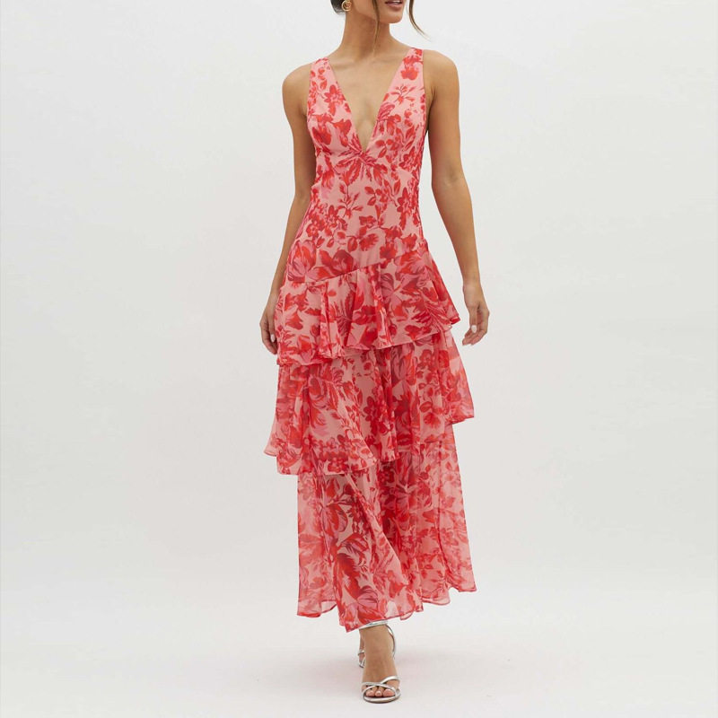 Fashionable Printed Cake Dress Summer Deep V Neck Shoulder Straps Vacation Style Wholesale Available