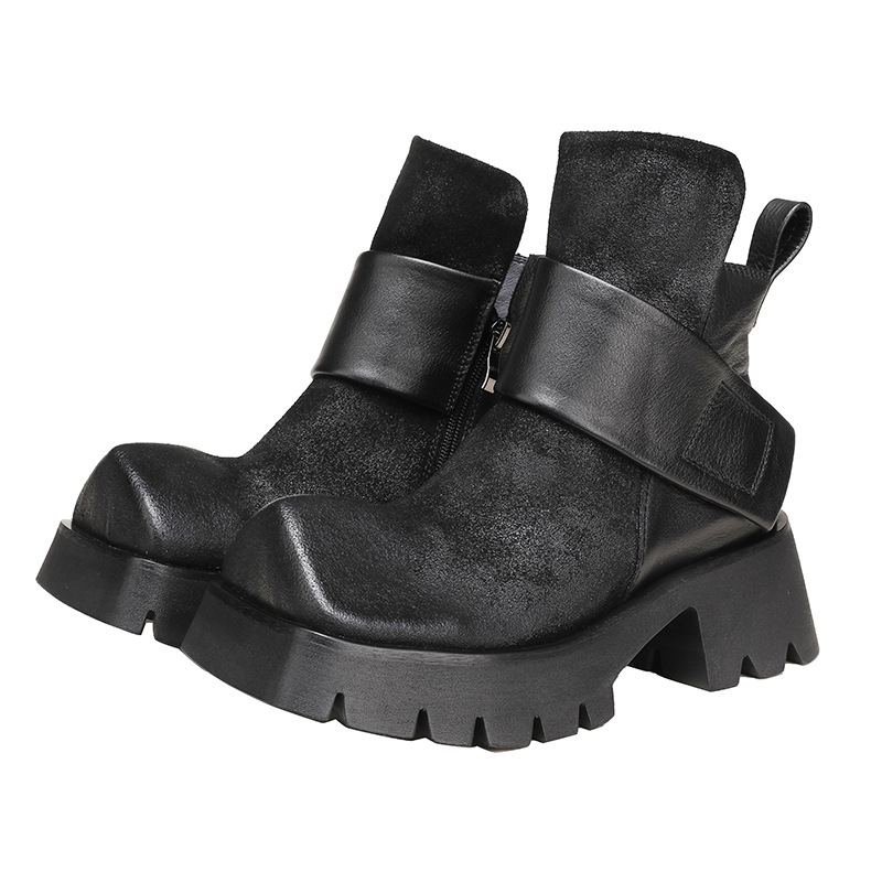 Boot Martin nữ da bò cổ ngắn gót thô khóa kéo bên — Màu cà phê, Màu đen