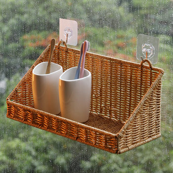 Cross-Border Hot-Selling Imitation Rattan Woven Bathroom Single-Layer Storage Rack Kitchen Storage Seasoning Bottle Ginger Garlic Wall-Mounted No Drilling Required