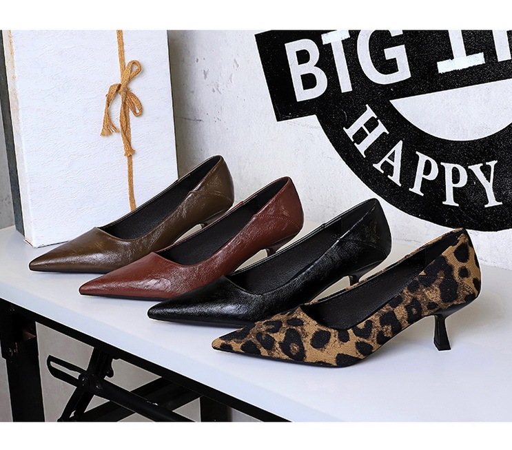 Giày cao gót nữ mũi nhọn gót mảnh 6cm phối họa tiết da báo thanh lịch — màu báo đốm, màu đen, nâu, Rượu vang đỏ