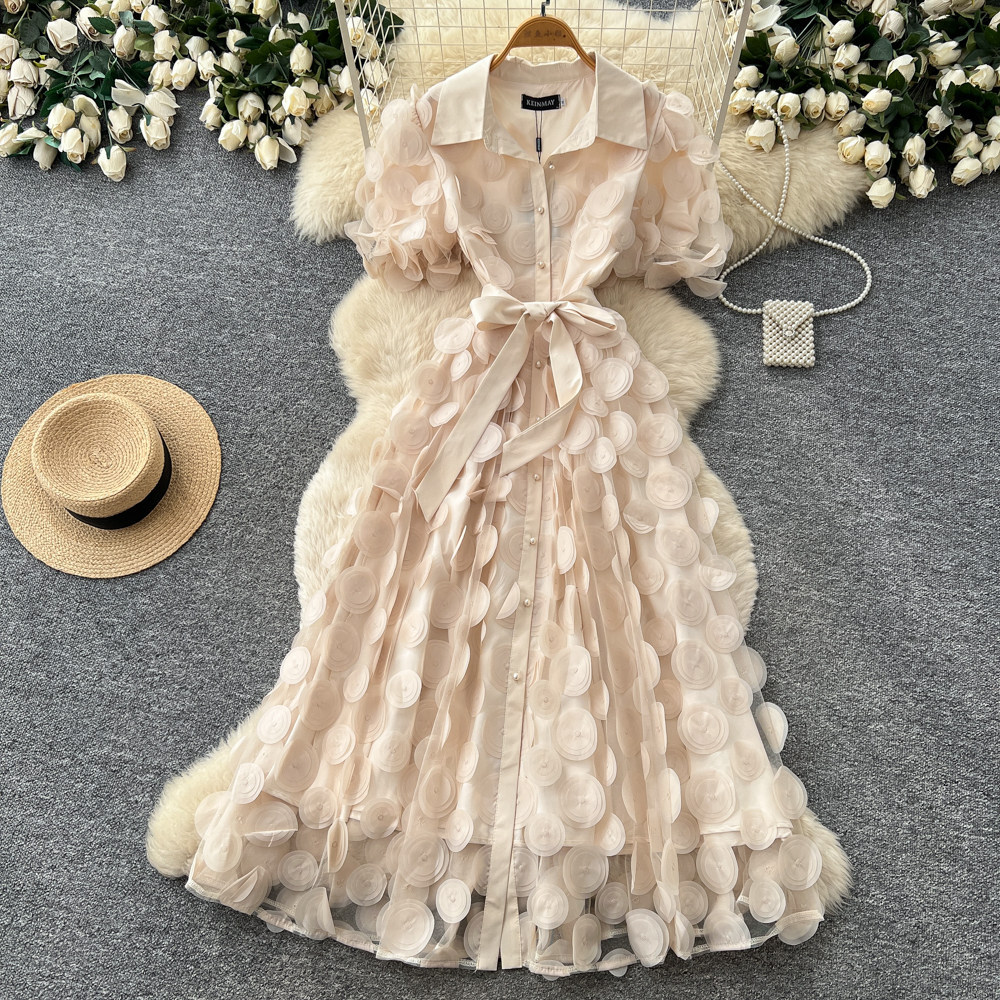 French Style Lace Dress for Women Short Sleeve Tie Waist A Line Silhouette Elegant Summer Occasion Wear Wholesale