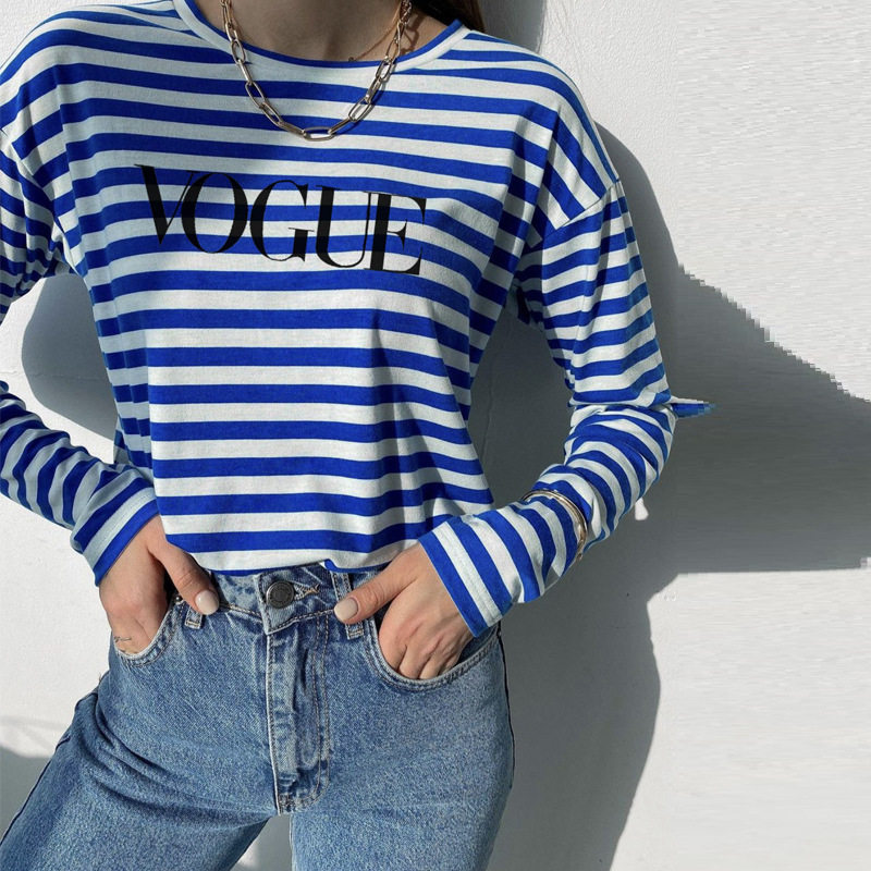 Womens Long Sleeve Cotton T Shirt Floral Stripe Print Soft and Loose Fit Spring Summer Fashion Top Wholesale