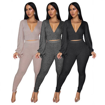 F6055 European and American Women's Deep V-Neck Backless Strappy Short Lantern Sleeve Top and Tight Pants Two-Piece Set