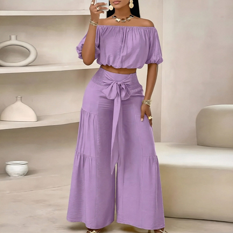 Womens Summer Outfit Set Fashionable Casual Style Solid Color Puff Sleeve Top Wide Leg Pants Wholesale Available