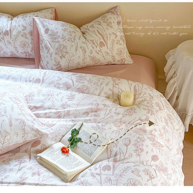 French-Style Bedding Four-Piece Set, Simple Home Bed Sheetss, Washed Cotton and Linen Summer 3-Piece Quilt Cover, Fitted Bed Sheets Set