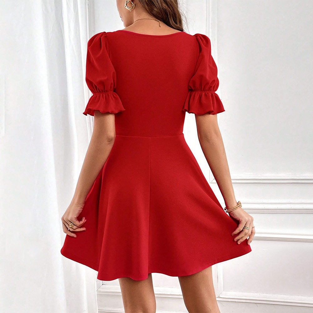 Womens Spring Summer Dress Solid Color Slim Fit Short Sleeve Square Neck Midi Length Casual or Formal Wear