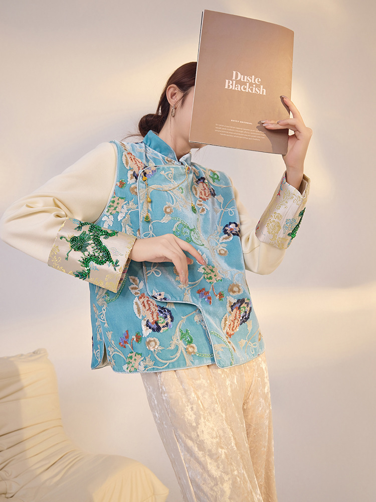Áo vest nữ dáng ngắn thêu hoa chất liệu satin phối sequin — Màu xanh da trời (giao hàng trong 7 ngày), Màu xanh da trời (phát hành cùng ngày)