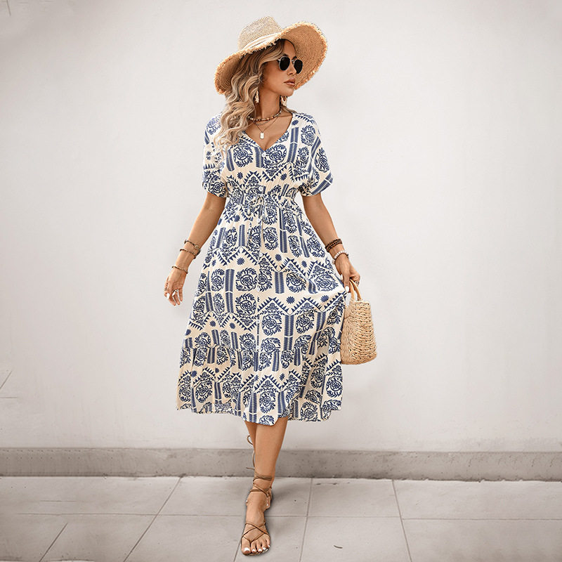 Casual Summer Dress Short Sleeve V Neck Ethnic Print Vacation Wear Wholesale Available bulk order