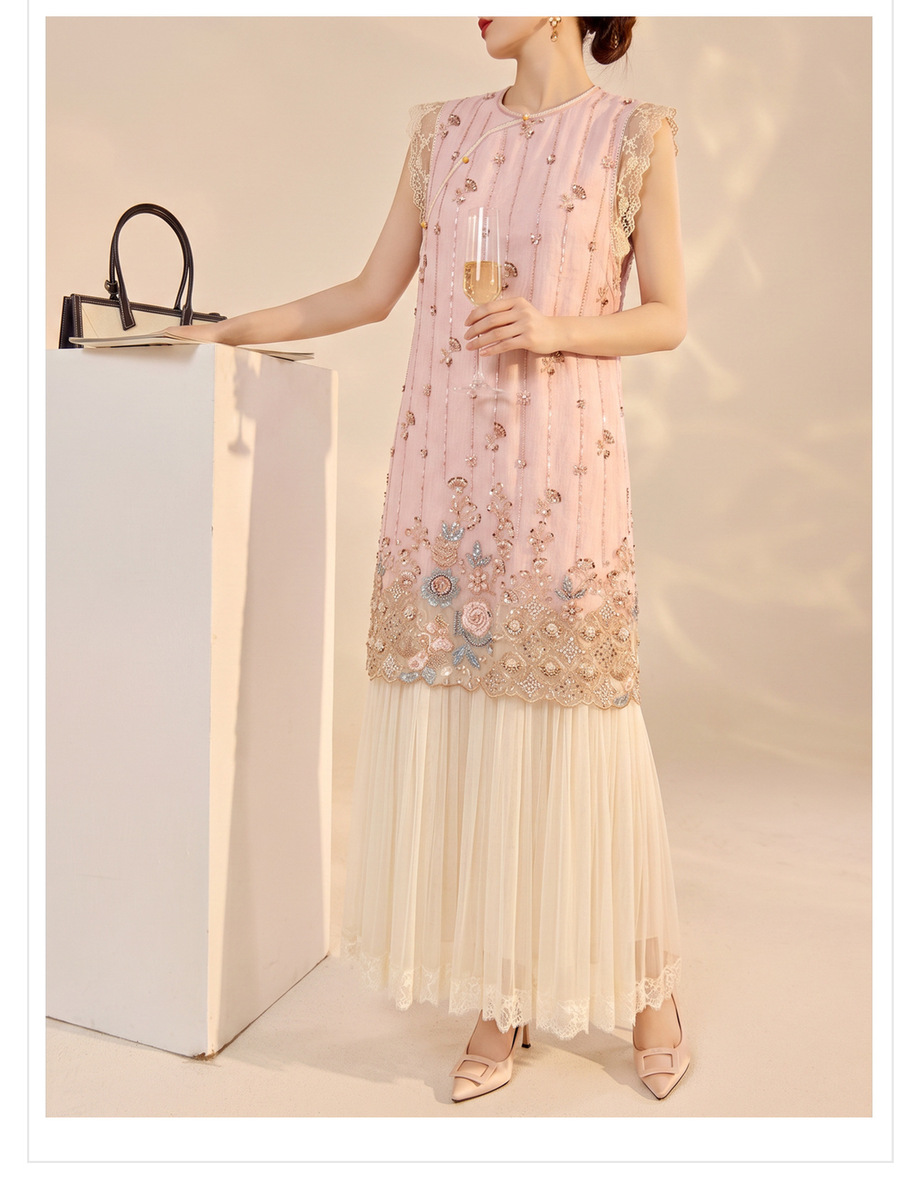 Đầm dài nữ thêu đính sequin phối ren tay cánh tiên dáng chữ A — Màu hồng nhạt