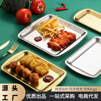 304 Korean-style Stainless Steel Plate Rectangular Plate Golden Tray Crafts Pendulum Flat Bottom Barbecue Plate Square Plate Restaurant