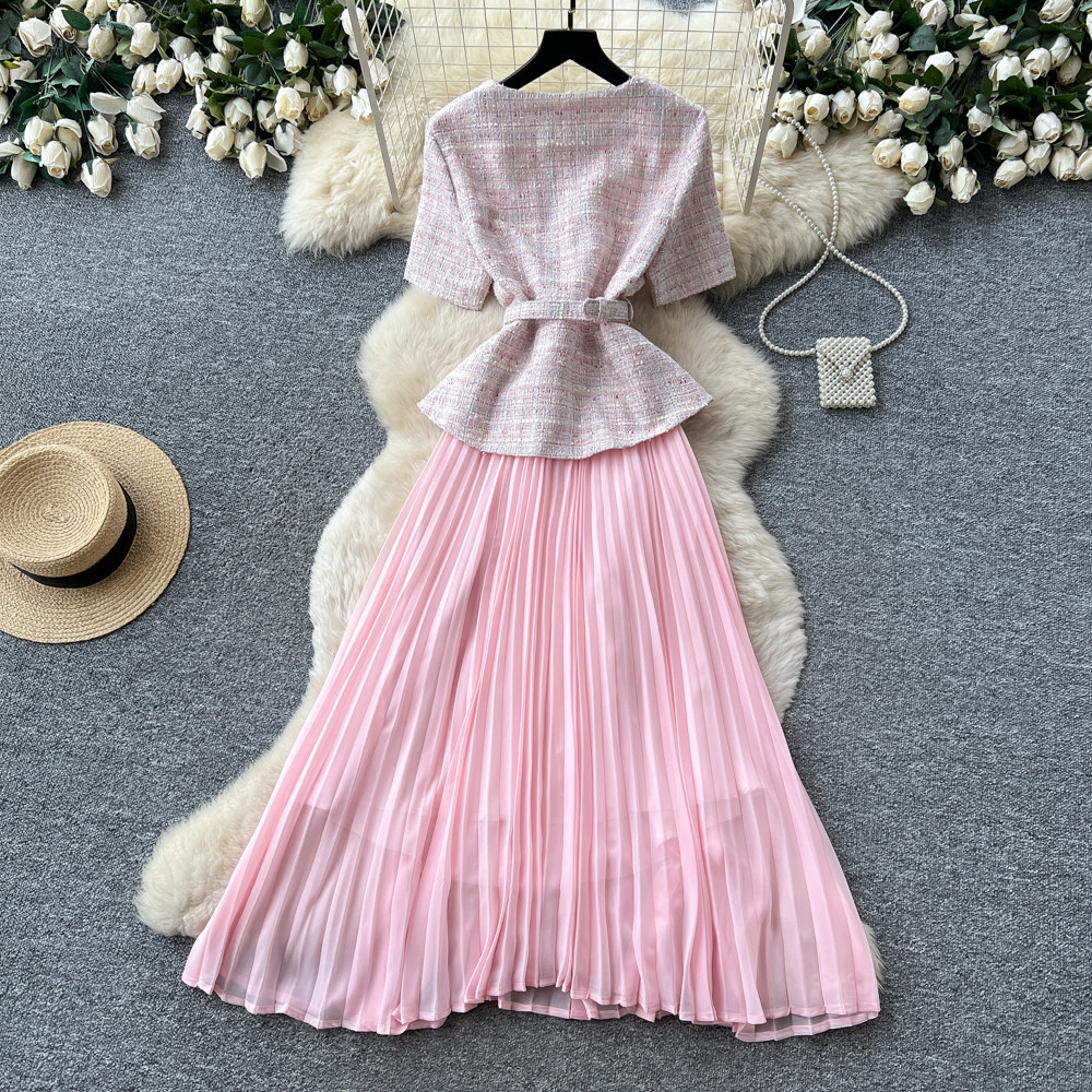 Chic Sequin Pleated A Line Dress Round Neck Waist Defining Summer Style Elegant for Work or Casual Events Wholesale
