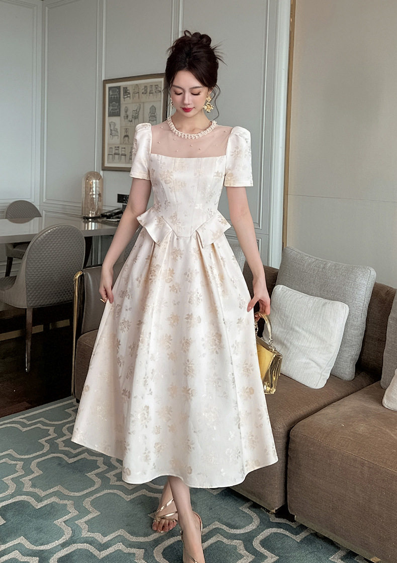 Đầm maxi nữ oversize tay ngắn cổ tròn họa tiết hoa nhí phong cách Pháp — [Màu hồng đào] chi tiết 1