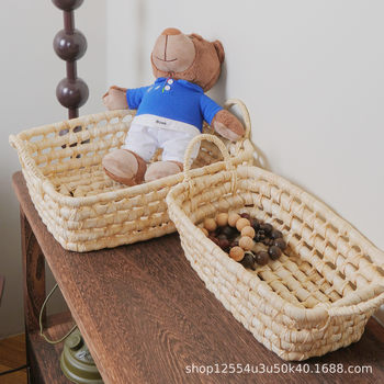 Wabi-Sabi Style Woven Straw Basket for Snacks and Miscellaneous Items, Tabletop Portable Corn Husk Storage Basket, Household Storage Basket, Eco-Friendly