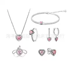 Pan's Heart-Shaped Necklace, Ring, and Earring Jewelry Set for Women, Heart-Shaped Clavicle Chain, Earrings, Cross-Border Live Broadcast, 925 Silver Plated