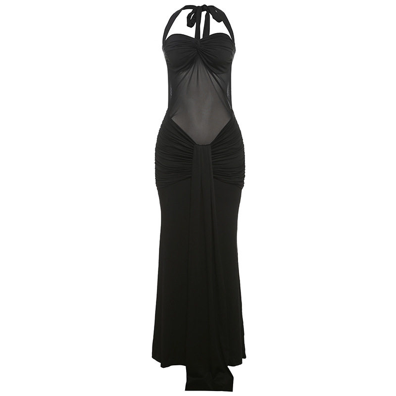 Chic Womens Maxi Dress Halter Neck Sheer Mesh Solid Color Flowing Design Perfect for Parties and Summer Events