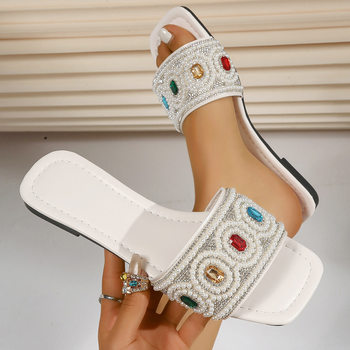 2026 Summer New Foreign Trade Large Size Colorful Rhinestone Slippers for Women Casual Square-Toe Flat Beach Sandals Trendy Women's Shoes