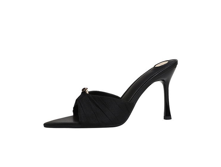 Sandal cao gót nữ mũi nhọn quai ngang chất liệu ren phối nhún, gót nhọn thanh mảnh — Họa tiết da báo, Màu be, màu đen