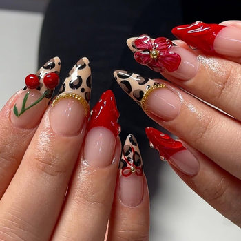 Wearable Almond-Shaped Red Leopard Print French Chain Stereo Glue Flower Cherry Decoration Removable Fake Nails