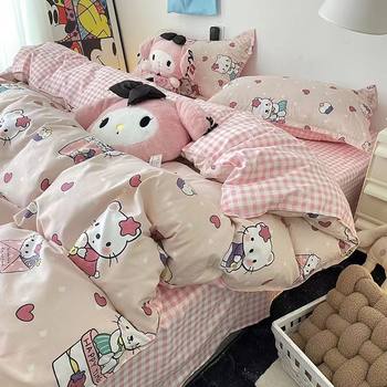 Ins Cartoon Cat Girl Heart Pink Four-Piece Set Cute Bedding Plaid Bed Sheets Dormitory 3-Piece Quilt Cover