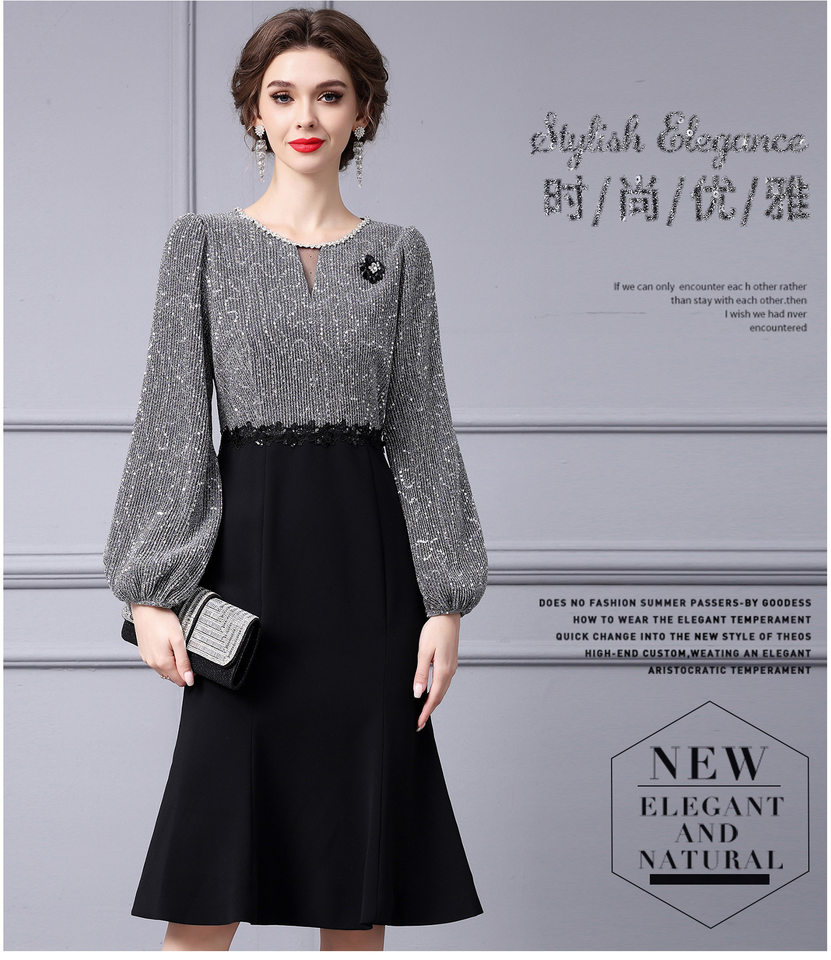 Đầm Dạ Hội Nữ dáng chữ A, Eo Cao, Tay Dài, Lấp Lánh Màu Đen, Xám chi tiết 17