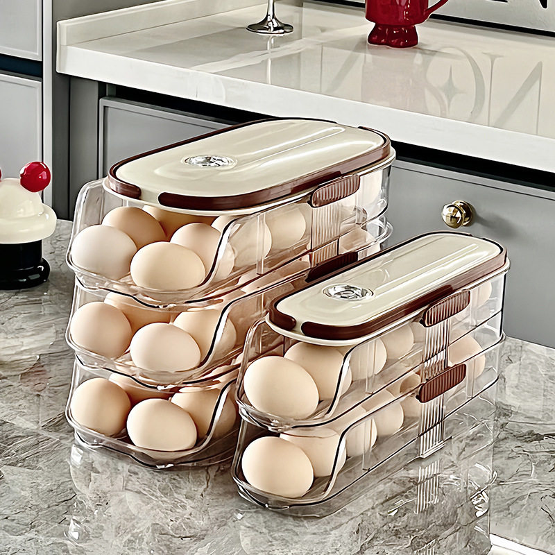 Creative Kitchen Timer Multi-Layer Egg Holder with Rolling Egg Slide for Refrigerator Side Door