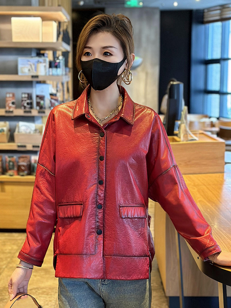Áo khoác da bò nữ dáng ngắn cổ vuông phong cách casual — Màu đen, Màu đỏ rượu