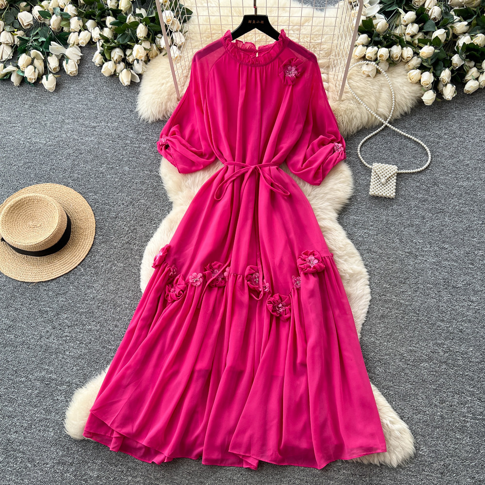 Elegant Summer A Line Dress for Women High Waist 3D Floral Design Long Sleeve Perfect for Formal Occasions