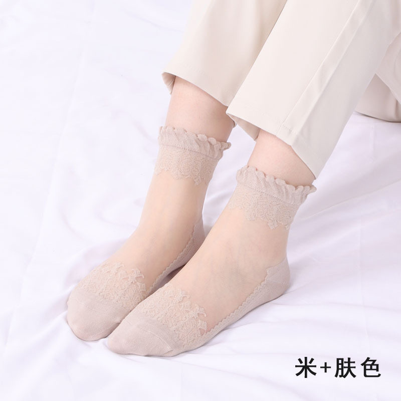 春季薄款中筒袜棉底玻璃丝袜子女蕾丝花边短款袜子防滑透气水晶袜
