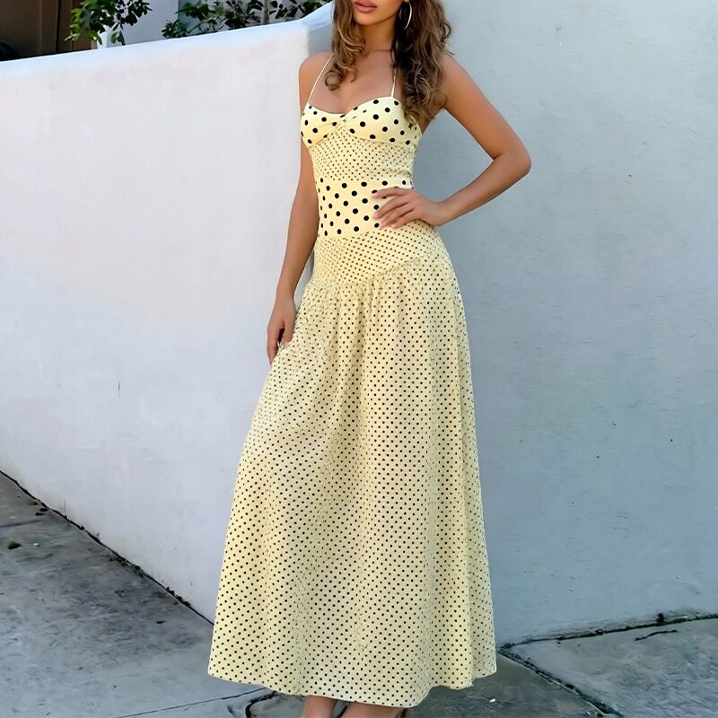 Elegant High Waisted Polka Dot Maxi Dress Summer Fashion Womens Casual Wear Wholesale Available