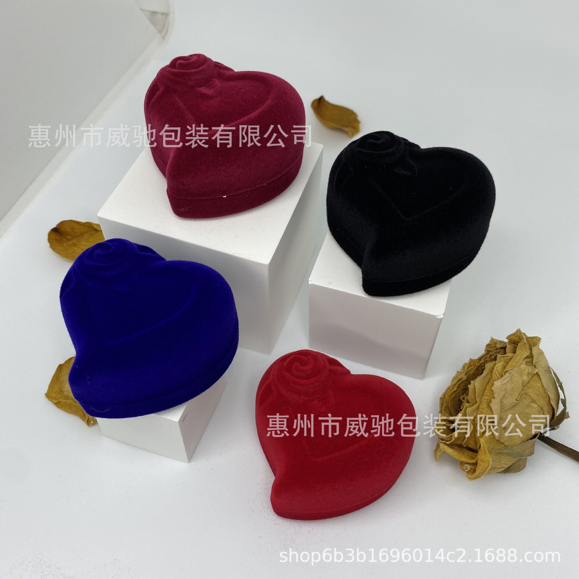 Heart-Shaped Flocking Box Ring Box Tilted Heart-Shaped Rose Flower Double Ring Slot Jewelry Box Red Flocking Packaging Box Jewelry