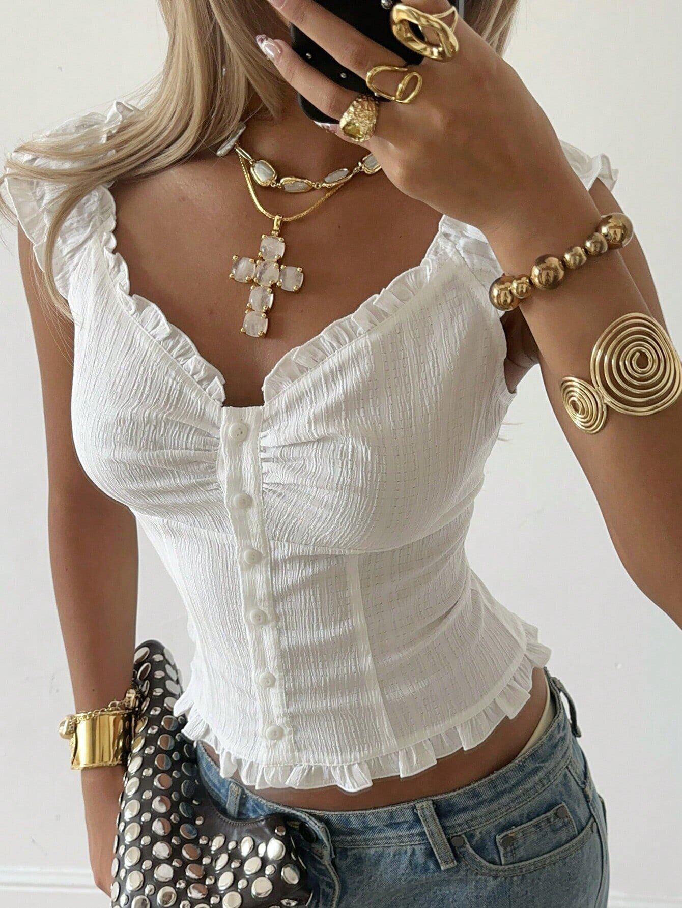 French Style White Sleeveless Top V Neck Single Breasted Waist Defining Ruffled Sleeves Casual Summer Wear