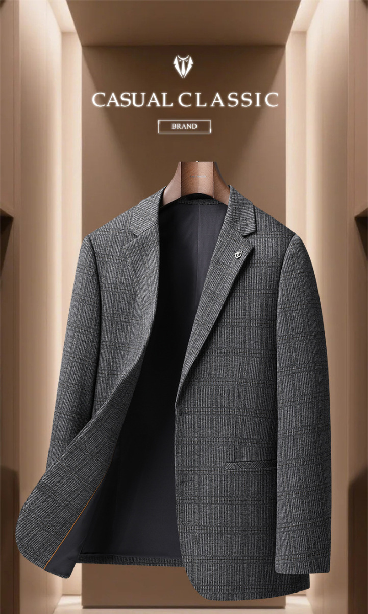 Áo blazer nam dệt kim kẻ caro phối cúc một hàng dáng ôm — Màu nâu cà phê, màu xám