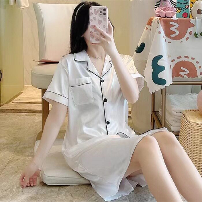 冰丝睡衣女夏季开衫短袖短裤仿真丝宽松大码跨境家居服套装M-5XL