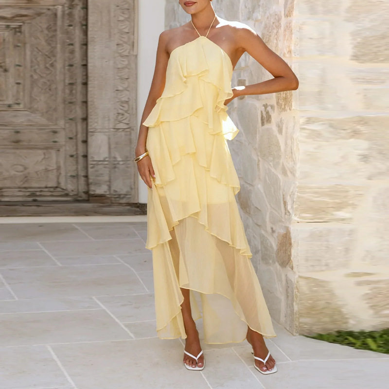 Elegant Summer Maxi Dress for Women Halter Neck Ruffle Hem Solid Color Vacation Style Wholesale Available