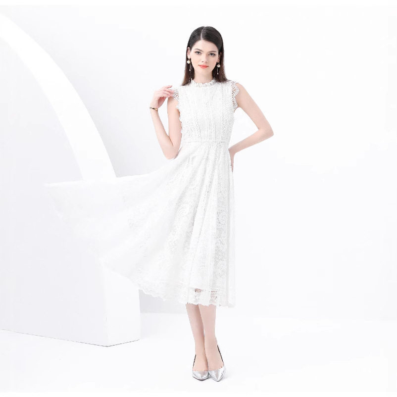 Vintage French Romantic Sleeveless Dress Lace Mesh Design Flowy A Line Elegant Evening Wear Wholesale Available