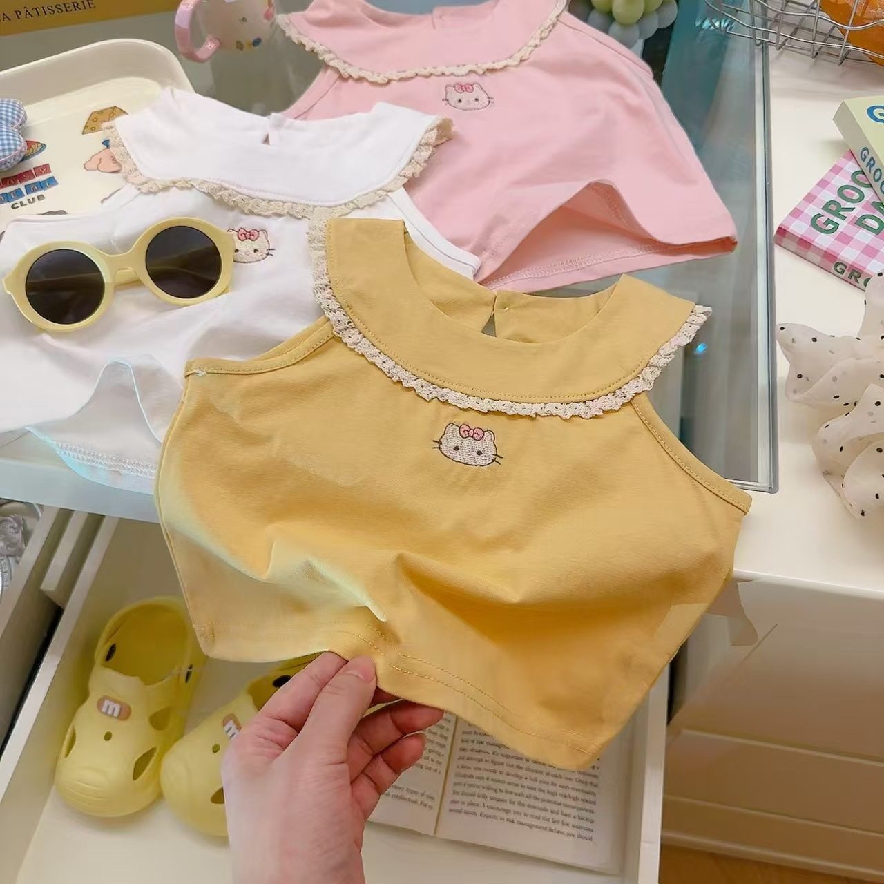 Atasan tanpa lengan super lucu viral serbaguna stylish manis anak perempuan musim panas, tank top bordir 100% katun