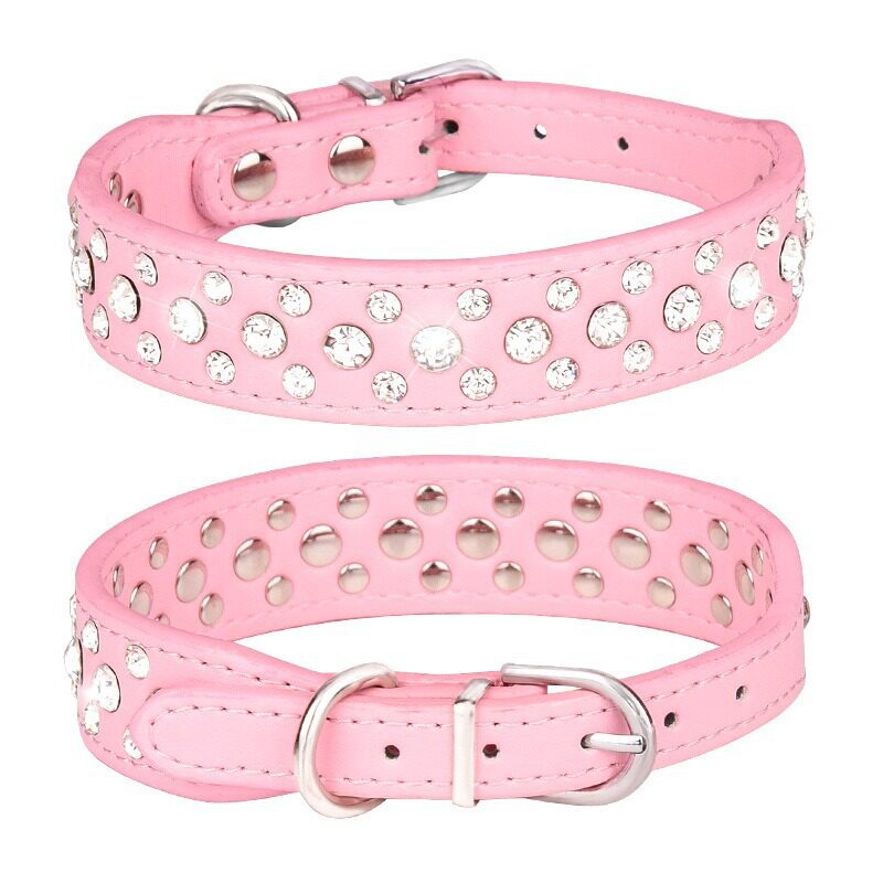 Cross-Border Pet Collar Rhinestone Pu Leather Plain Snake Pattern Metal Accessories Small and Medium Dog Supplies Dog Collar Factory