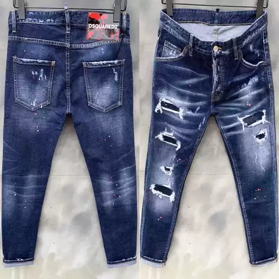 European anD American New InDigo PolisheD DSQ Jeans Men's Slim Fit RippeD Versatile Stretch Jeans Small Straight D2