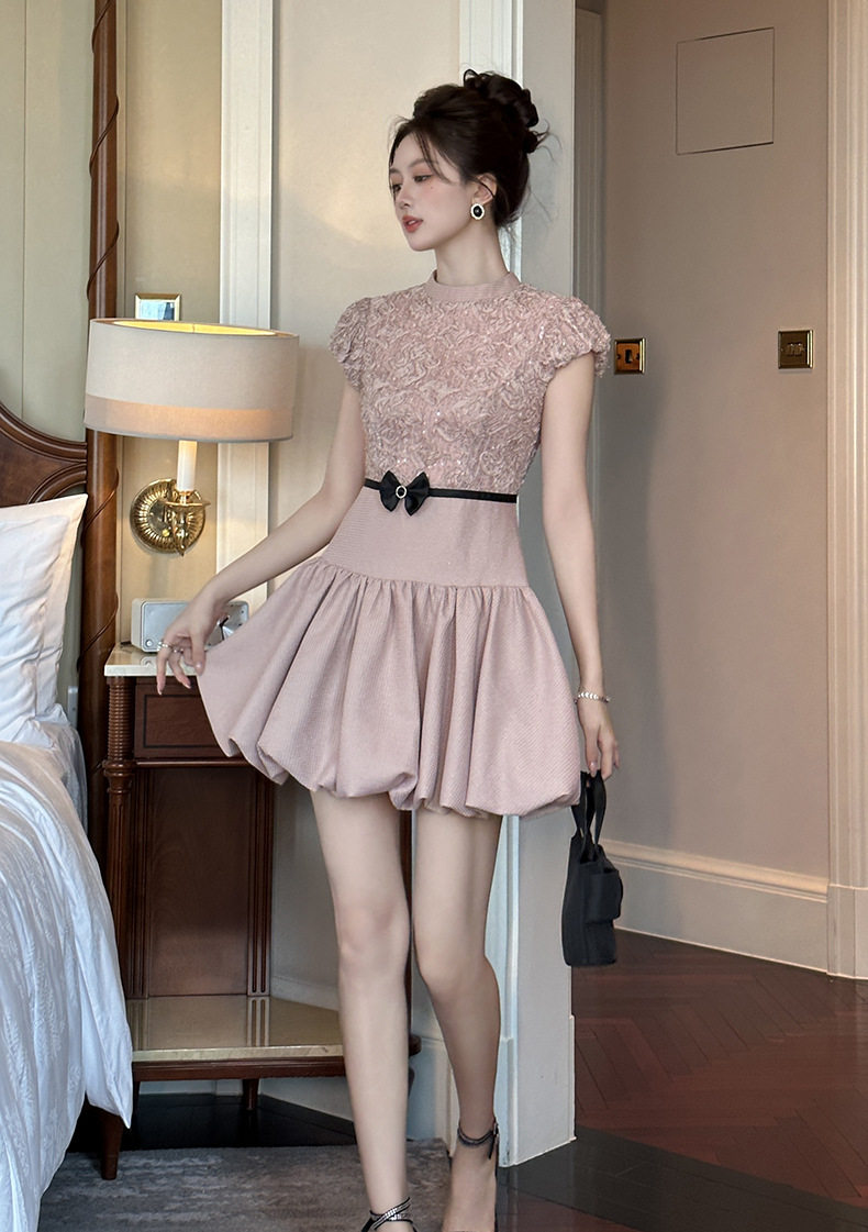 Đầm dự tiệc mùa hè ôm body tay bồng cổ tròn — [Hồng anh đào] chi tiết 5
