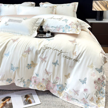 Class A maternal and infant grade 240 long-staple cotton four-piece cotton satin embroidered quilt cover sheet skin-friendly bedding