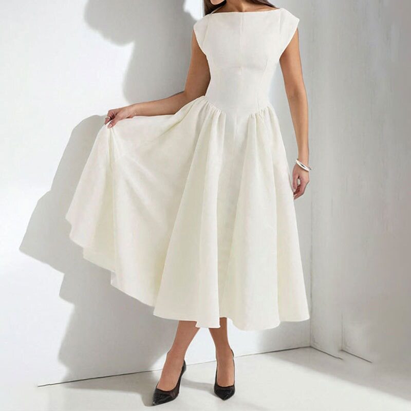 Elegant Sleeveless A Line Dress Solid Color Waist Defined Round Neck Spring Fashion for Women Wholesale Available