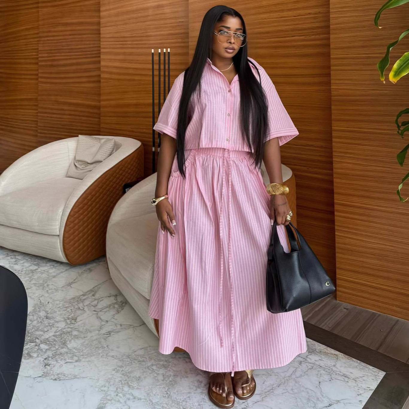 European and American Lapel Striped Short-Sleeved Cardigan Shirt High-Waist Slim Strap Skirt African New Fashion Two-Piece Set